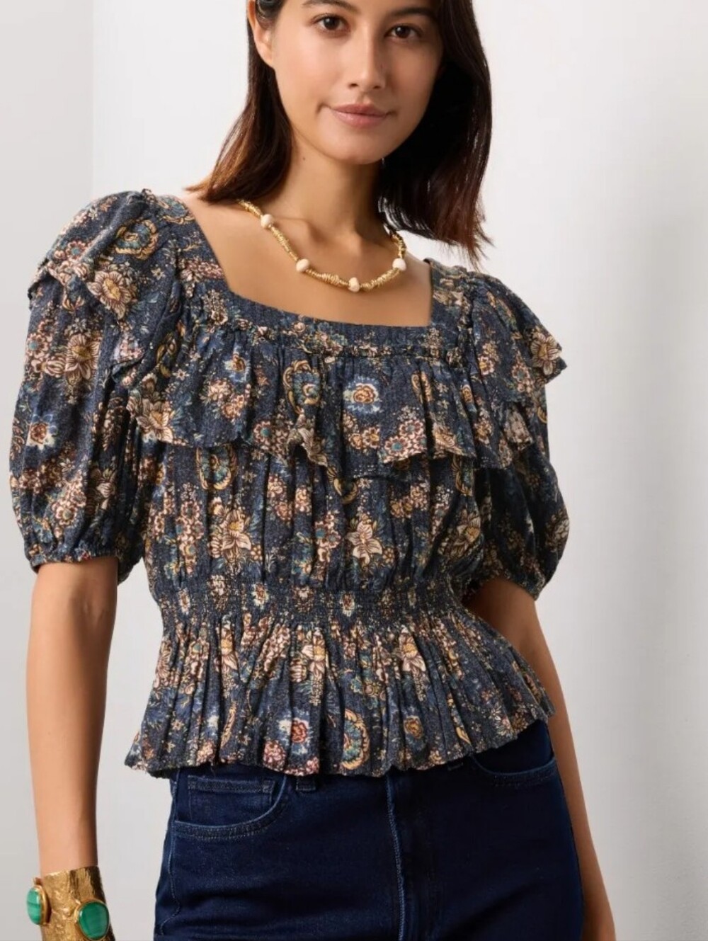 Ulla Johnson RTR Warner Floral Ruffle Puff-Sleeve Peplum Blouse Size 8